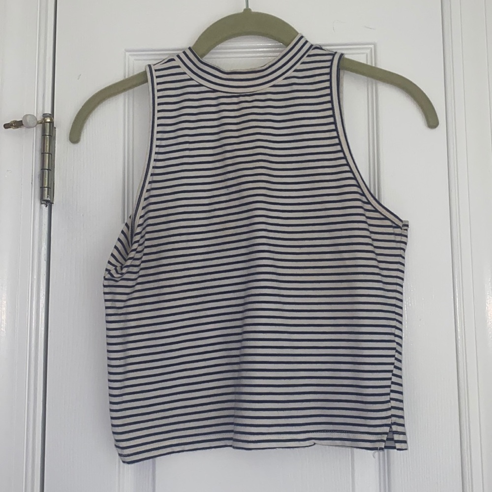 High neck striped navy and white crop top tank
